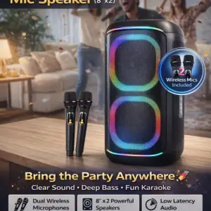 8″ BTS‑2256 Bluetooth Speaker with 2 Wireless Microphones | Karaoke & KTV Mode | Portable Party Speaker