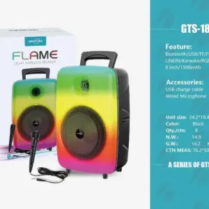 GREATNICE GTS-1802 FLAME Portable Bluetooth Speaker - 8 Inch Large Woofer - RGB Flame Light Effect - Supports Karaoke Mic, FM Radio