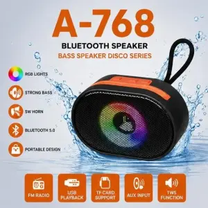 Bluetooth Speaker A768 Wireless Portable Mini Speaker | High Bass Sound | USB, TF Card, AUX Support | Rechargeable Speaker
